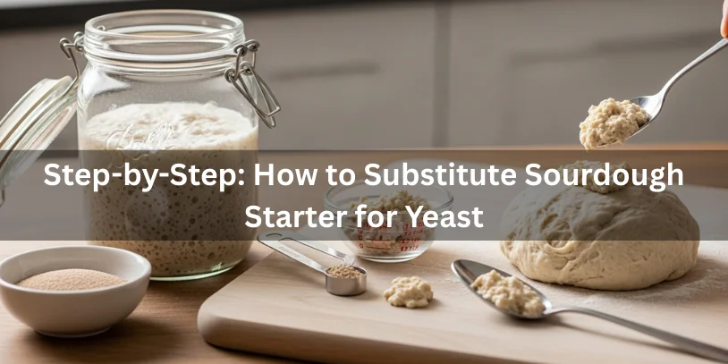 Is Sourdough Starter a Substitute for Yeast? A Complete Best Baker’s Guide In 2026 A glass jar of active sourdough starter next to dry yeast and measured starter being added to dough, showing step-by-step how to substitute sourdough starter for yeast.-is sourdough starter a substitute for yeast