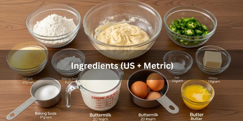 Measured ingredients for jalapeño buttermilk cornbread, including cornmeal, flour, sugar, eggs, butter, buttermilk, and diced jalapeños, displayed in bowls and measuring cups.-jalapeno buttermilk cornbread 