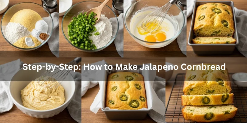 Step-by-step visual of jalapeño cornbread: dry ingredients, folding in jalapeños, mixing wet ingredients, combining batter, pouring into pan, and baked loaf sliced to show golden crumb and embedded jalapeños.-jalapeno buttermilk cornbread 
