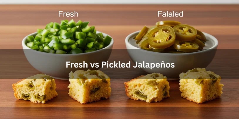 Fresh diced jalapeños beside pickled jalapeño slices, each paired with a small cornbread sample showing texture and color differences.-jalapeno buttermilk cornbread 