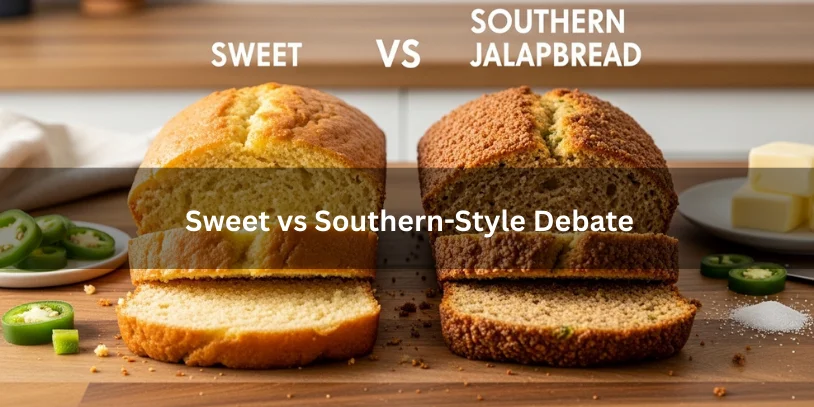 Two jalapeño cornbread loaves side by side: one sweet with tender crumb, one Southern-style with coarser texture and crisp edges, showing contrast in texture and style.-jalapeno buttermilk cornbread 