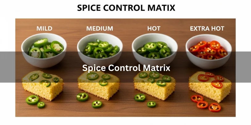 Four bowls of jalapeños at mild, medium, hot, and extra-hot levels with corresponding cornbread slices showing spice intensity and appearance differences.-jalapeno buttermilk cornbread 