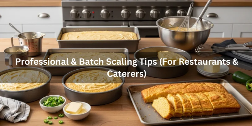 Multiple pans of jalapeño cornbread at various stages of baking with measuring tools and sliced cornbread, illustrating professional batch preparation for restaurants and caterers.-jalapeno buttermilk cornbread 