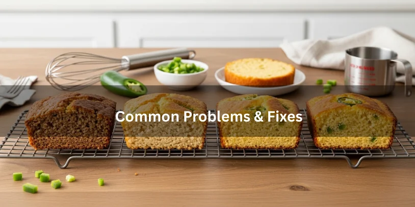 Four jalapeño cornbread slices showing underbaked, dry, flat, and perfectly baked examples side by side, illustrating common problems and fixes.-jalapeno buttermilk cornbread 