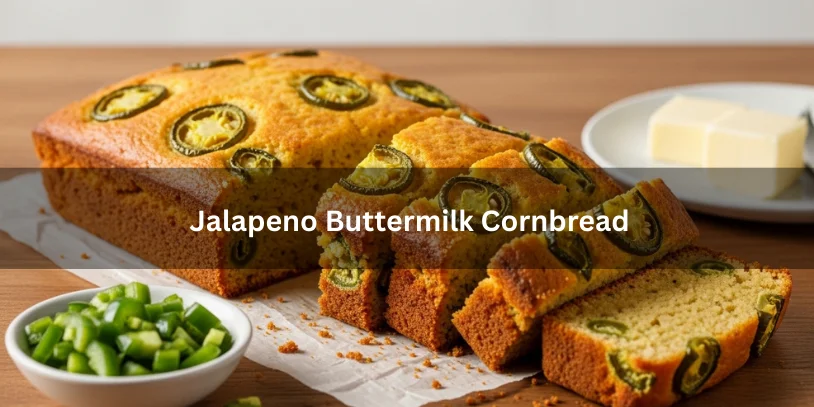 Golden jalapeño buttermilk cornbread sliced to show moist crumb with embedded jalapeño pieces, served with butter and a small bowl of diced jalapeños.-jalapeno buttermilk cornbread