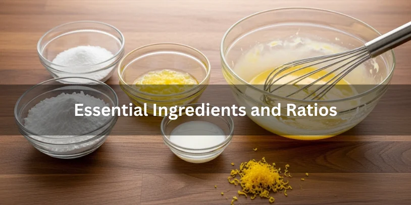 Bowls of powdered sugar, lemon juice, lemon zest, and mixed lemon glaze on a countertop showing essential ingredients and ratios for doughnut glaze.-lemon doughnut glaze 