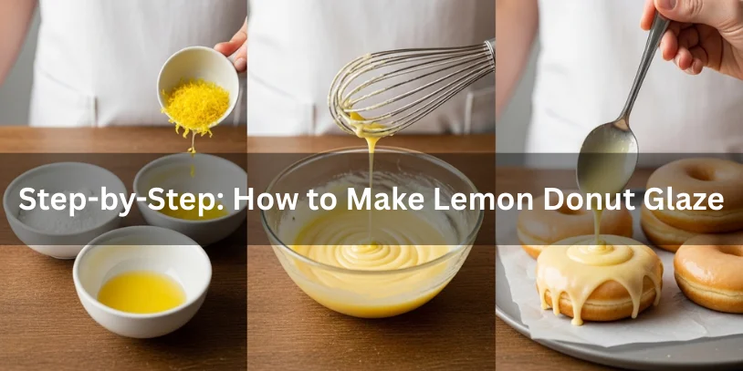 Step-by-step visual showing powdered sugar, lemon juice, zest being mixed, and lemon glaze drizzled over doughnuts.-lemon doughnut glaze 