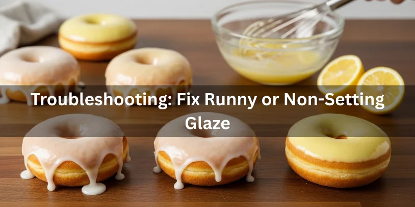 Doughnuts showing runny, partially set, and perfectly set lemon glaze with a bowl of glaze and lemon wedges for troubleshooting context.-lemon doughnut glaze 