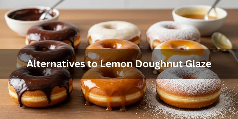 Doughnuts coated with various alternative glazes including chocolate, vanilla, maple, and powdered sugar, with small bowls of each glaze nearby.-lemon doughnut glaze 
