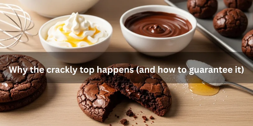 Close-up of brownie cookies with shiny crackly tops and props showing whipped eggs with sugar and melted chocolate to visually explain how the crackly crust forms without text.-m&m brownie cookies 