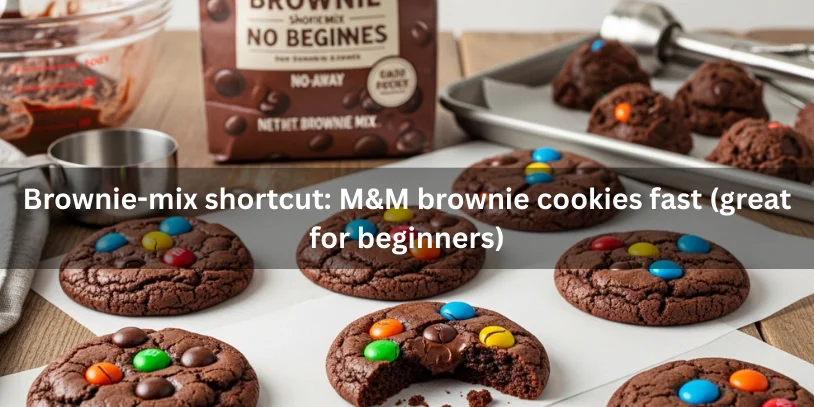 Easy brownie-mix shortcut brownie cookies with crackly tops and colorful candy-coated chocolate pieces, shown with simple beginner-friendly baking props and a broken cookie revealing a fudgy center.-m&m brownie cookies 