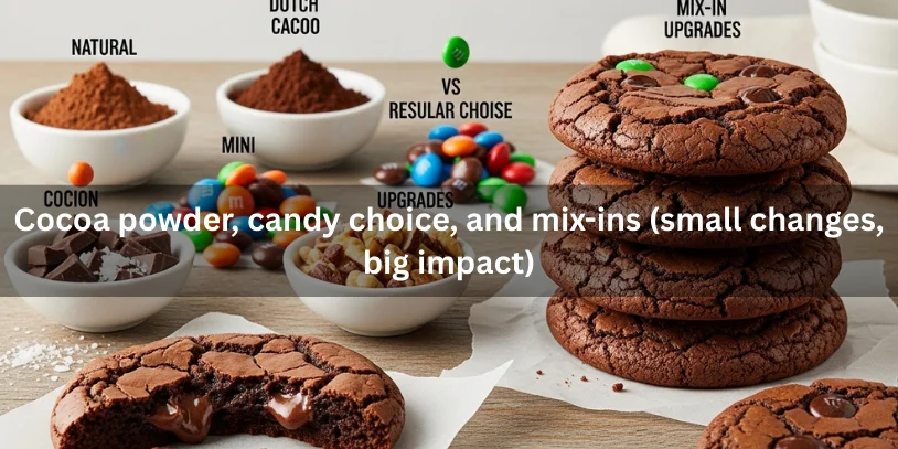 Brownie cookies with crackly tops styled with cocoa options, different candy sizes, and mix-in bowls like chocolate chunks and nuts to show how small ingredient changes affect texture and flavor.-m&m brownie cookies