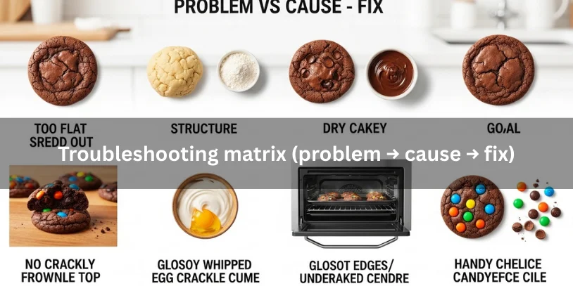 Grid-style food photo showing common M&M brownie cookie problems—flat, dry, no crackly top, uneven baking, candy issues—paired with visual fix cues like thicker dough, melted chocolate, whipped egg-sugar, and better candy choice.-m&m brownie cookies 