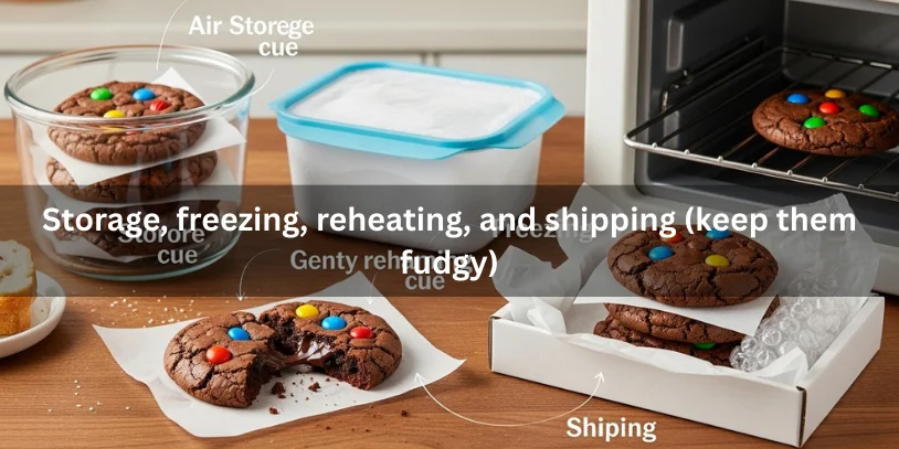 Fudgy M&M brownie cookies shown with visual cues for storing in an airtight container, freezing, gentle reheating, and packing for shipping to keep them soft and moist.-m&m brownie cookies 