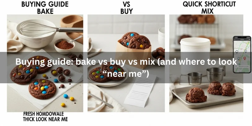 Three-way scene showing homemade baking, buying from a bakery in unbranded packaging, and a mix shortcut for fudgy candy-studded brownie cookies, with a blurred map on a phone suggesting “near me” search.-m&m brownie cookies 