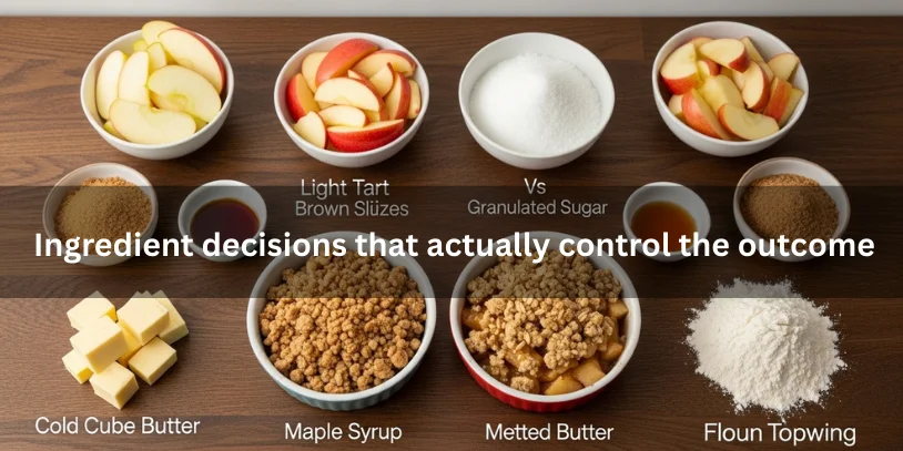 Side-by-side ingredient comparisons for maple apple crumble showing different apples, sugars, butter forms, and toppings with two baked results illustrating texture differences.-maple apple crumble 
