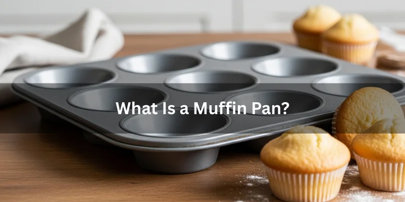 Standard metal muffin pan with deep cups and plain muffins beside it, showing what a muffin pan is used for.-muffin pan vs cupcake pan 