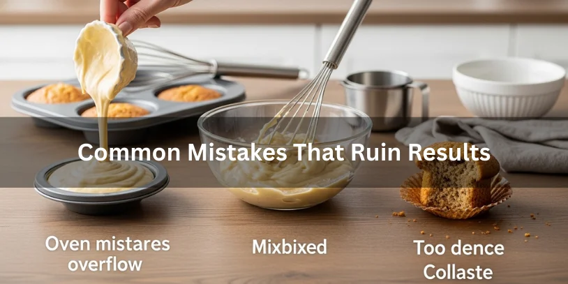 Overfilled muffin cups, unevenly mixed batter, and collapsed baked goods illustrating common mistakes that ruin baking results.-muffin pan vs cupcake pan 