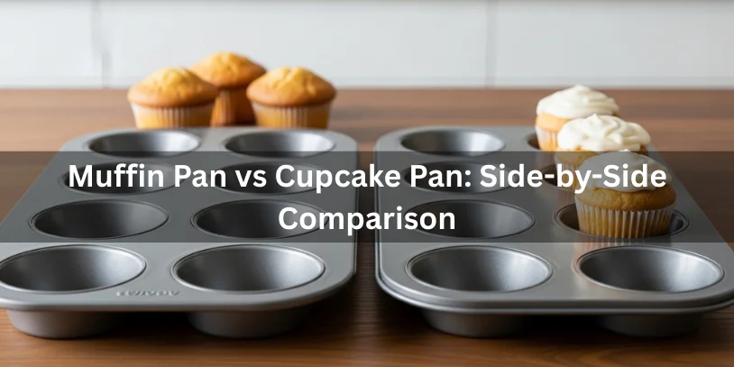Muffin pan and cupcake pan placed side by side with muffins and cupcakes nearby, showing differences in cup depth and size.-muffin pan vs cupcake pan 