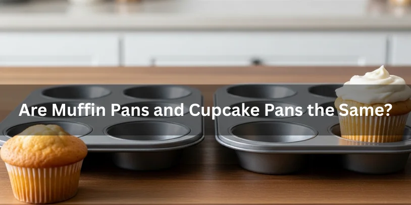 Muffin pan and cupcake pan placed side by side with a muffin and cupcake nearby, showing that they are similar but not the same.-muffin pan vs cupcake pan 