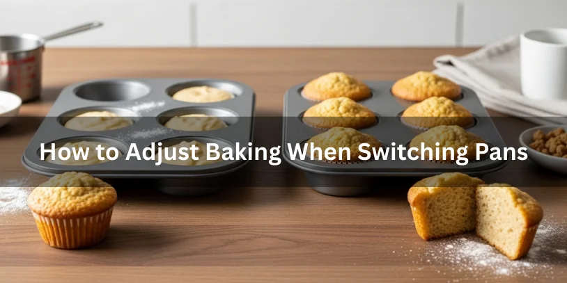 Muffin and cupcake pans with different batter fill levels and baked results, showing how to adjust baking when switching pans.-muffin pan vs cupcake pan 