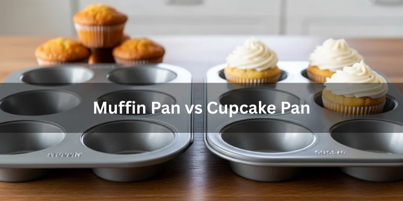 Muffin pan and cupcake pan placed side by side with muffins and cupcakes nearby, showing the difference in pan depth and cup size.-muffin pan vs cupcake pan
