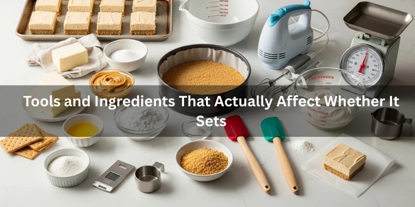 Flat lay of no-bake peanut butter cheesecake bar ingredients and tools—cream cheese, peanut butter, powdered sugar, whipped cream, crust crumbs, mixing tools, and a chilled tray of set bars in the background.-no bake peanut butter cheesecake bars 