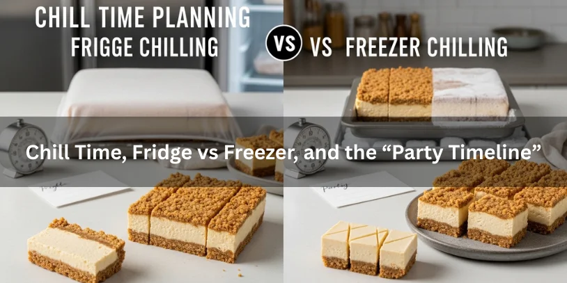 No-bake peanut butter cheesecake bars shown with fridge and freezer chilling setups side-by-side, plus cleanly sliced bars and serving platter to suggest a party-ready timeline.-no bake peanut butter cheesecake bars 