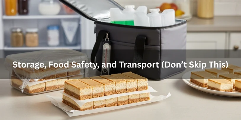 No-bake peanut butter cheesecake bars stored in an airtight container with parchment layers, shown with an insulated cooler bag and ice packs to suggest safe transport and food safety.-no bake peanut butter cheesecake bars 