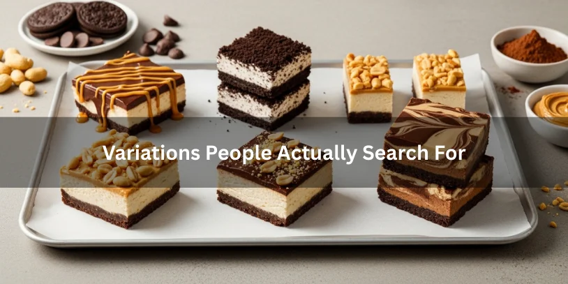 Assorted no-bake peanut butter cheesecake bar variations on a tray, including chocolate-topped, Oreo crust, bite-sized minis, peanut-topped, and swirled chocolate versions with visible layers.-no bake peanut butter cheesecake bars 