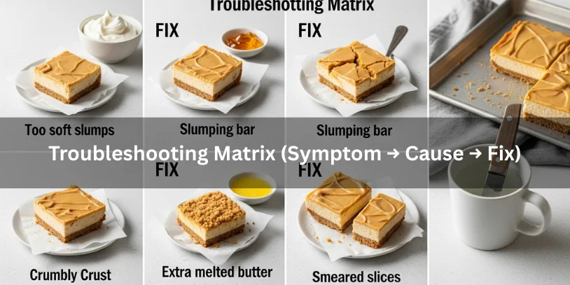 Flat lay grid showing common no-bake peanut butter cheesecake bar problems—soft set, cracked topping, crumbly crust, messy slices—paired with visual fix cues like whipped cream, gelatin, extra butter, and a warm knife.-no bake peanut butter cheesecake bars 