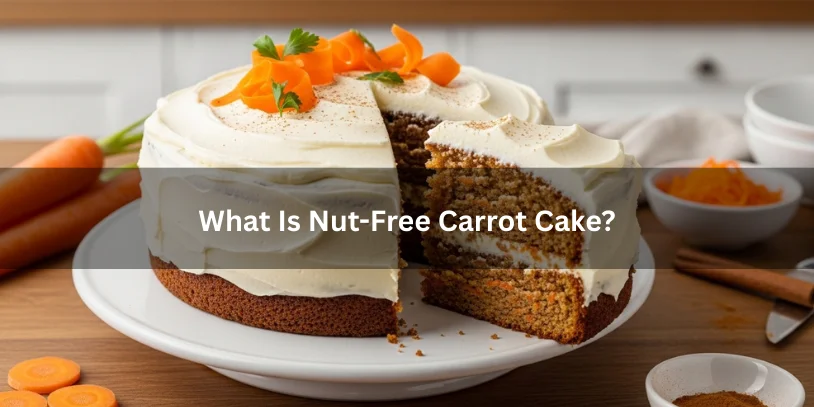 Nut-free carrot cake with cream cheese frosting on a cake stand, one slice removed to show moist spiced carrot crumb and visible carrot shreds.-nut free carrot cake 