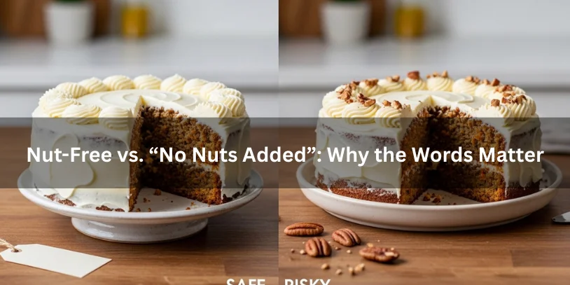 Two frosted carrot cakes side-by-side on a countertop, one styled clean and nut-free, the other shown with nuts nearby to illustrate the difference in labeling.-nut free carrot cake 