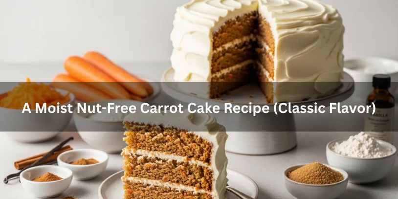 Moist nut-free carrot cake with cream cheese frosting on a cake stand, a sliced piece in front showing tender spiced crumb and visible carrot shreds with classic baking ingredients nearby.-nut free carrot cake