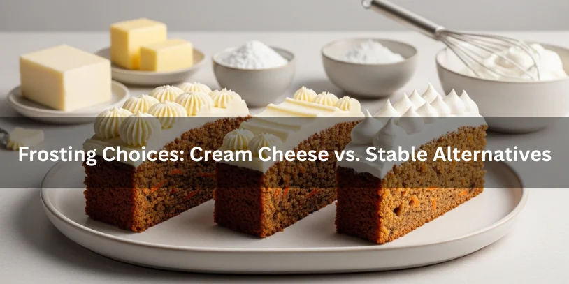 Three carrot cake slices with different frostings—cream cheese, buttercream, and stabilized whipped-style frosting—shown side-by-side to compare texture and finish.-nut free carrot cake 