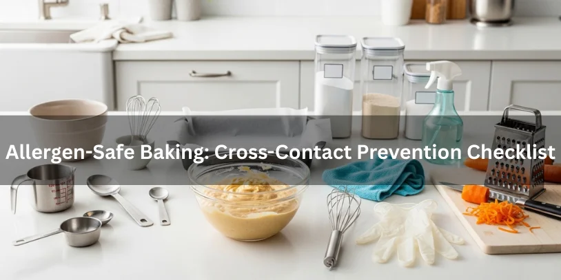 Clean baking setup with sanitized tools, parchment-lined pan, sealed ingredients, and grated carrots arranged neatly to show cross-contact prevention for allergen-safe baking.-nut free carrot cake 