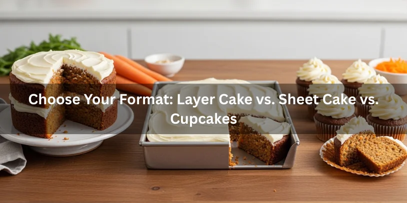 Nut-free carrot cake shown in three formats—layer cake, sheet cake, and cupcakes—each frosted and partially cut to reveal moist spiced crumb with carrot shreds.-nut free carrot cake 