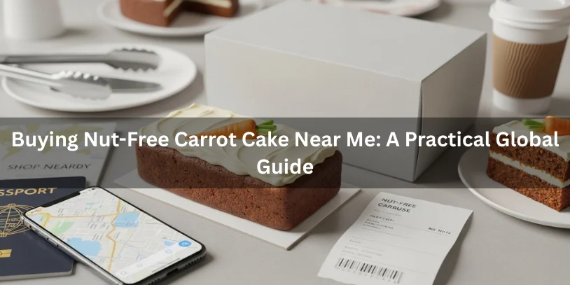 Packaged nut-free carrot cake with cream cheese frosting beside a plain bakery box and a phone showing a blurred map, suggesting how to find nut-free cake locally worldwide.-nut free carrot cake 