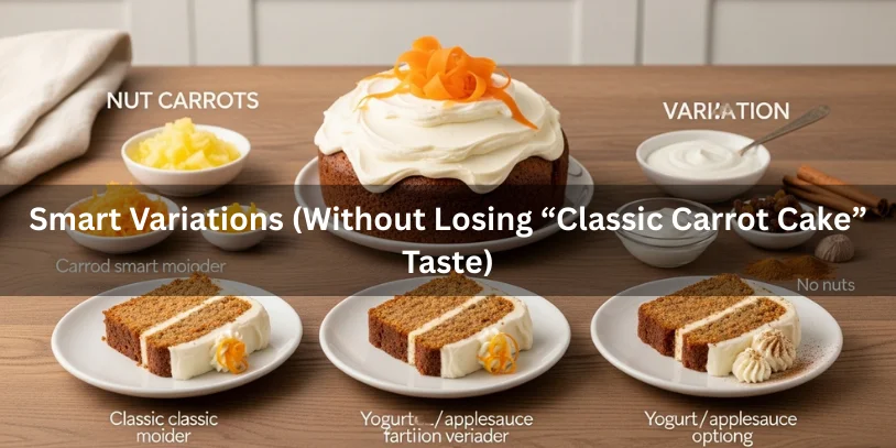 Nut-free carrot cake with several small slices and ingredient cue bowls like orange zest, pineapple, yogurt/applesauce, raisins, and spices, showing classic-tasting variations.-nut free carrot cake 