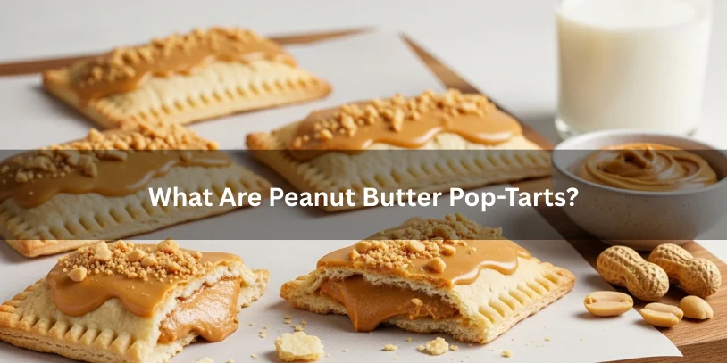 Toasted peanut butter Pop-Tarts on a parchment-lined wooden board with peanut butter glaze, crushed peanuts on top, and one broken open to show creamy peanut butter filling.-peanut butter pop tarts
