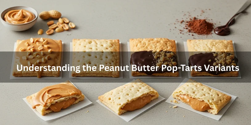 Assorted peanut butter toaster pastry variants lined up on a stone surface, including frosted, unfrosted, chocolate-dipped, and one cut open to show creamy peanut butter filling.-peanut butter pop tarts 