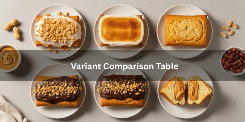 Flat lay grid of peanut butter toaster pastry variants on small plates for side-by-side comparison, including glazed, unfrosted, chocolate-dipped, and one cut open to show filling.-peanut butter pop tarts 
