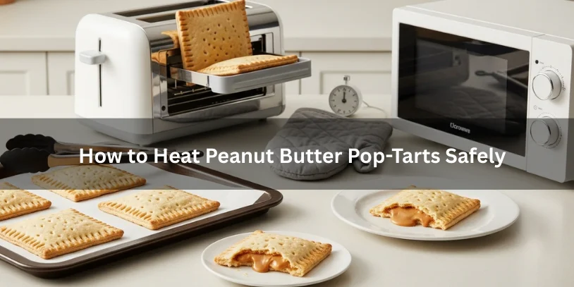 Peanut butter toaster pastries shown with toaster, oven tray, and microwave plate setups, styled with oven mitt and tongs to suggest safe heating methods.-peanut butter pop tarts 