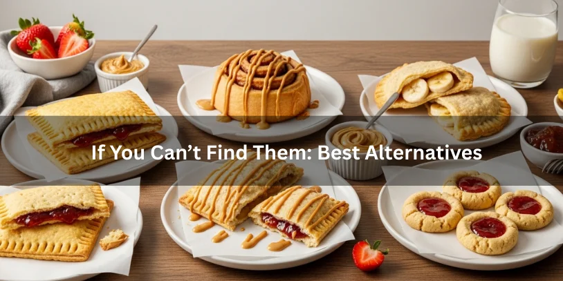 Assorted peanut-butter-inspired breakfast treats and toaster pastry alternatives on a wooden surface, including jam-filled pastries, cinnamon rolls with peanut butter drizzle, peanut butter-banana turnovers, and peanut butter cookies with jam centers.-peanut butter pop tarts 
