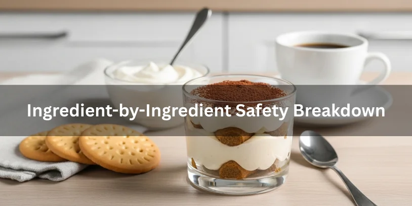 Tiramisu ingredients arranged separately on a countertop, showing an ingredient-by-ingredient safety breakdown during pregnancy.-pregnancy and tiramisu 