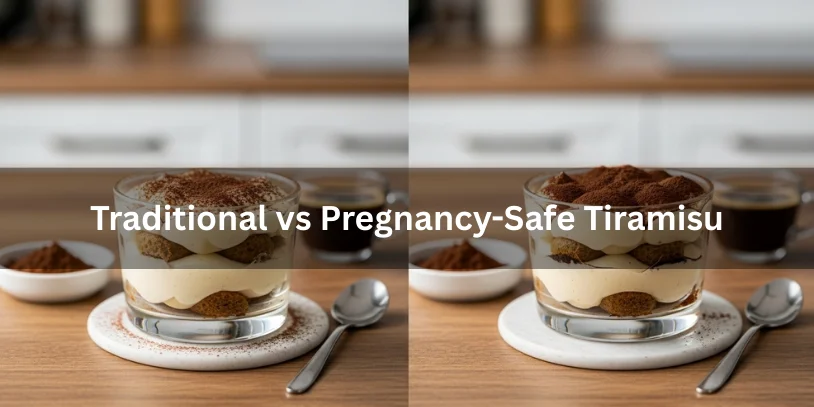 Side-by-side view of traditional tiramisu and a pregnancy-safe version with pasteurized cream and decaf coffee, showing the difference between them.-pregnancy and tiramisu 