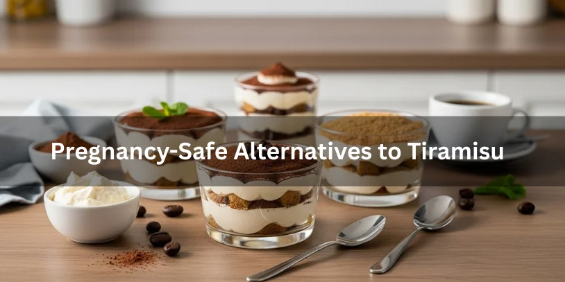 Pregnancy-safe tiramisu alternatives in small glass dishes with pasteurized cream and decaf coffee, illustrating safer dessert options for pregnant individuals.-pregnancy and tiramisu 