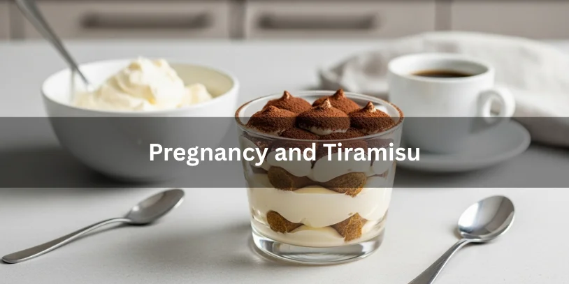 A small glass dish of tiramisu-style dessert with cream and sponge layers, illustrating pregnancy considerations when eating tiramisu.-pregnancy and tiramisu