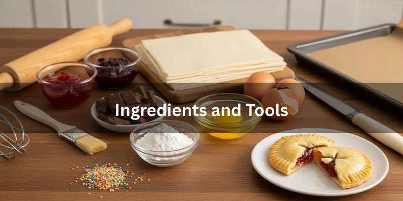 Puff Pastry Pop Tart Recipe: Flaky Homemade Toaster Pastries 7 Secrets Ingredients and baking tools for puff pastry pop tarts, including puff pastry sheets, jam, chocolate, egg wash, rolling pin, and baking tray.-puff pastry pop tart recipe