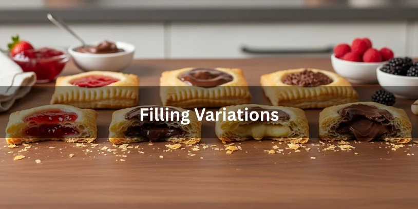 Puff Pastry Pop Tart Recipe: Flaky Homemade Toaster Pastries 7 Secrets Baked puff pastry pop tarts with various fillings including strawberry jam, chocolate, raspberry, and Nutella, some cut open to show layers and filling.-puff pastry pop tart recipe